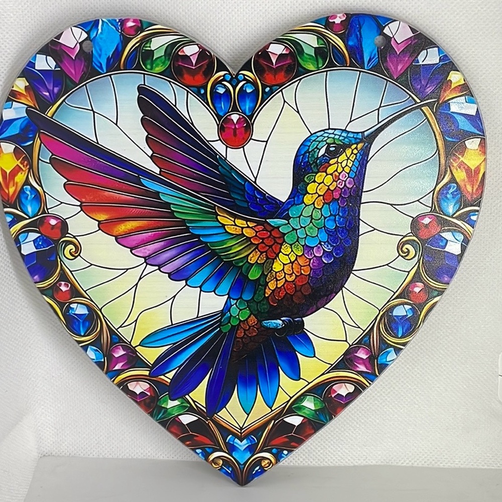 Acrylic Suncatcher Hummingbird Heart Faux Stained Glass Colourful Decorative